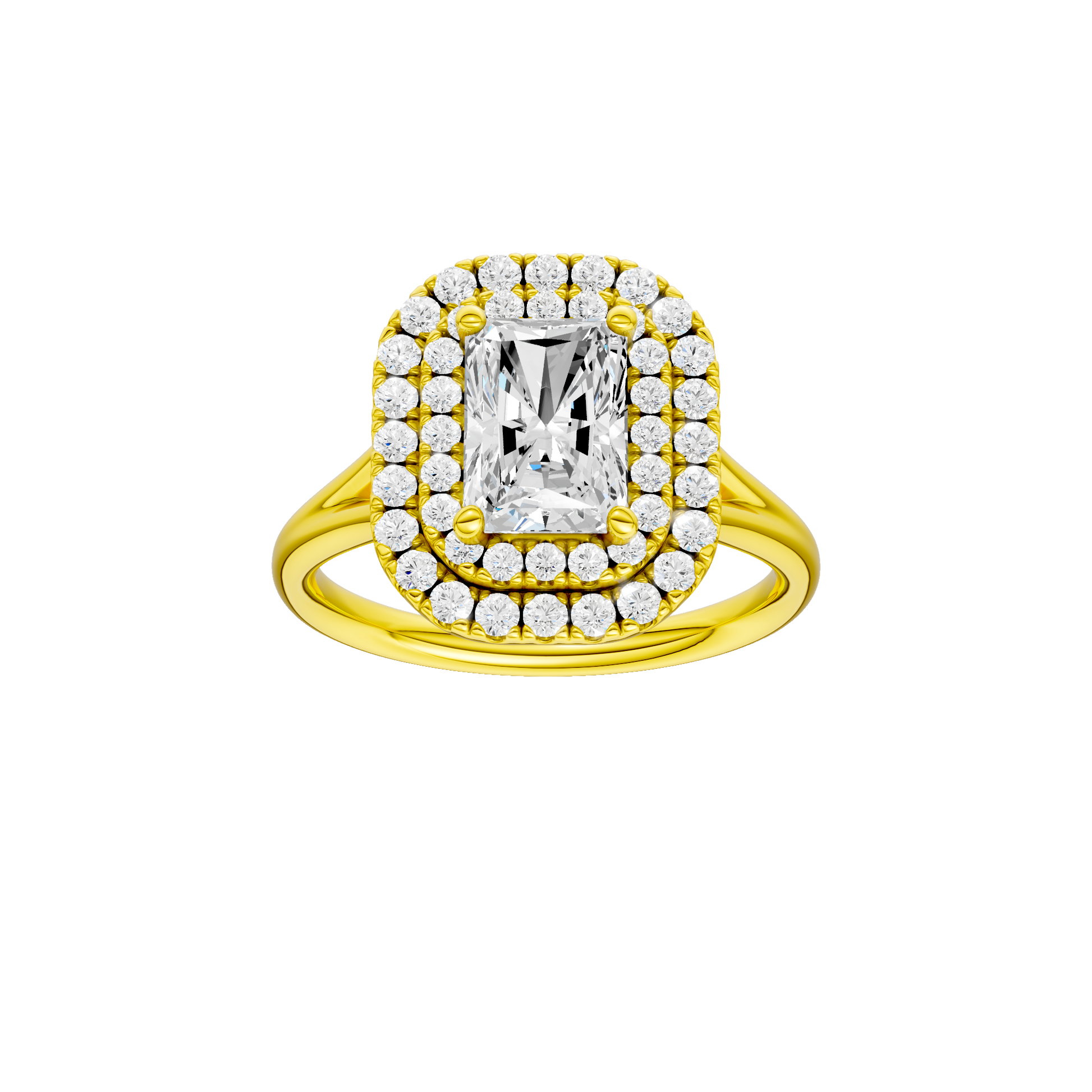 Radiant-cut diamond engagement ring with a plain band and double-halo setting.