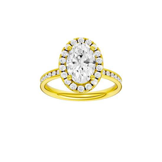 Oval-cut diamond engagement ring with a channel-set diamond band and halo setting.