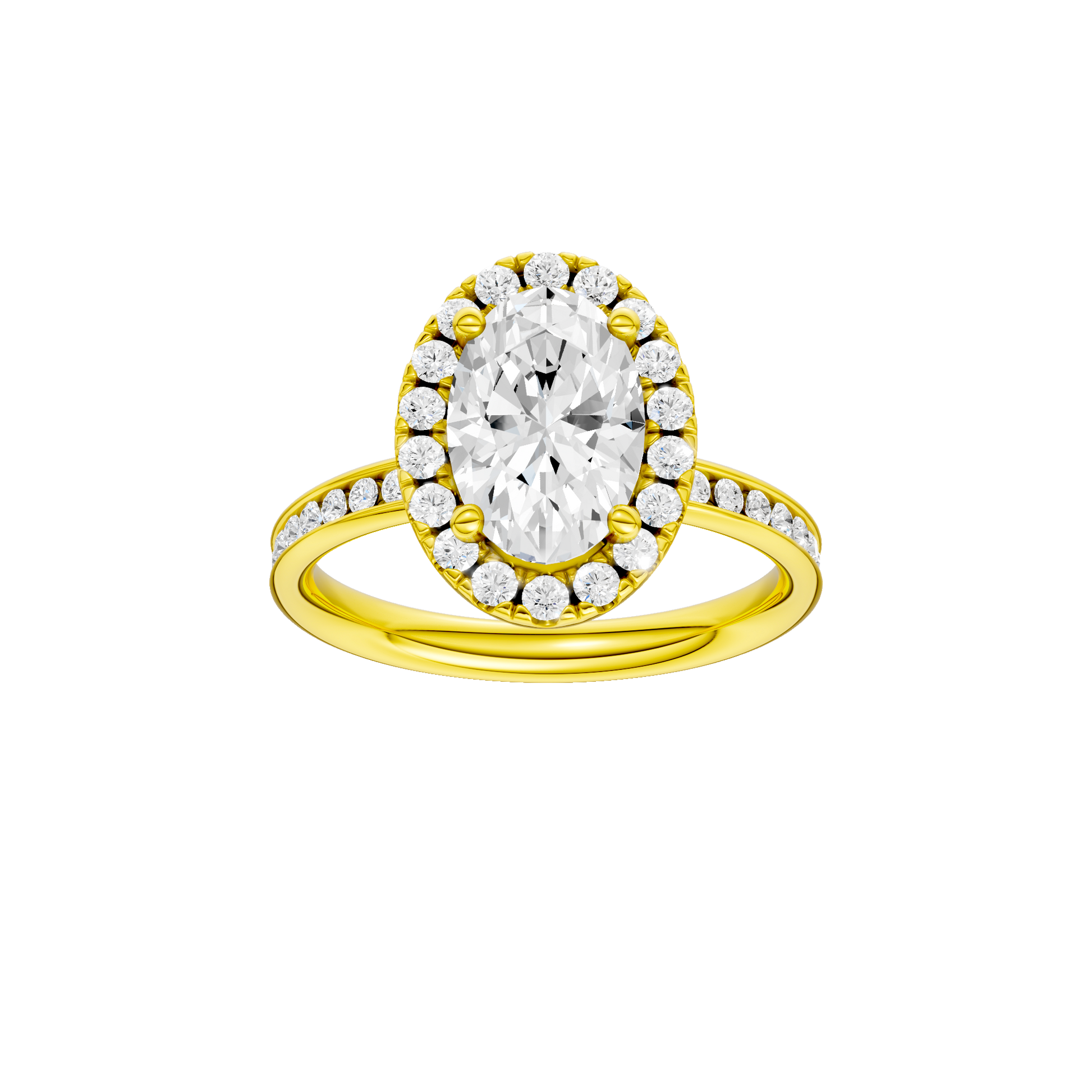 Oval-cut diamond engagement ring with a channel-set diamond band and halo setting.