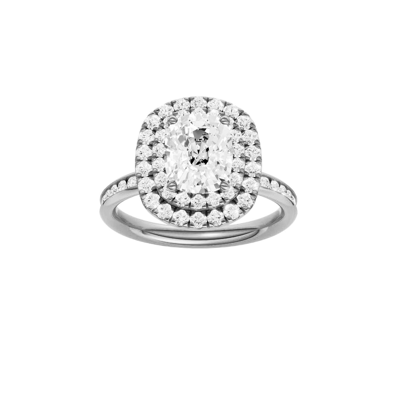 Elongated cushion-cut diamond engagement ring with a channel-set diamond band and double-halo setting.