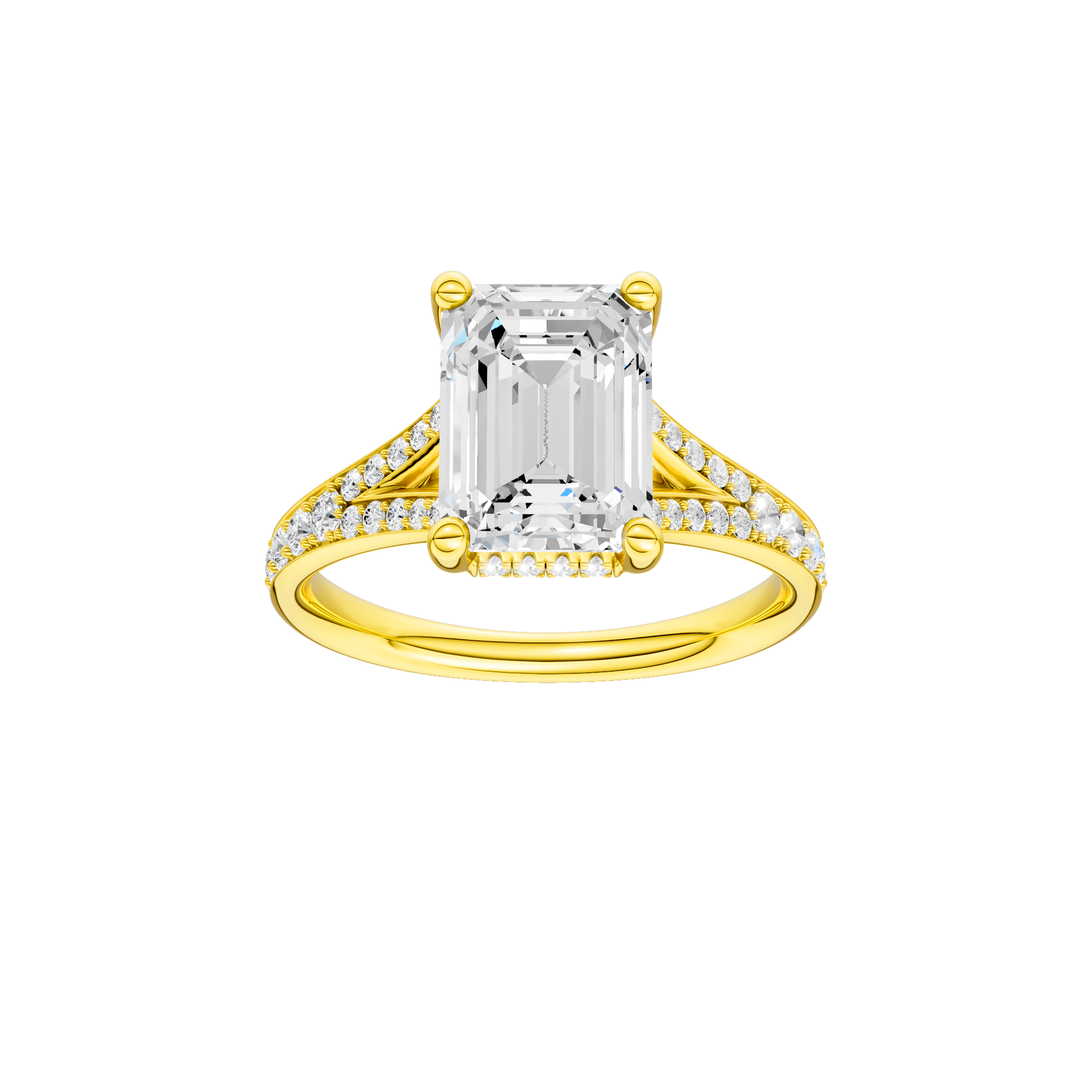 Emerald-cut diamond engagement ring with a channel-set diamond band and hidden-halo setting.
