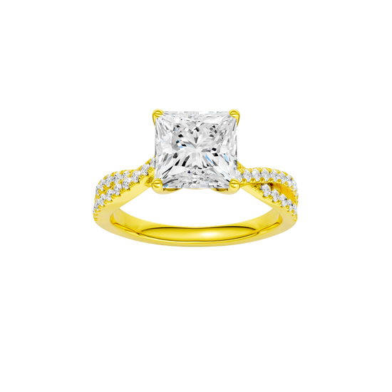 Princess-cut diamond engagement ring in 14k yellow gold with a prong-set diamond band and twist setting