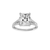 Radiant-cut diamond engagement ring with a channel-set diamond band and solitaire setting.