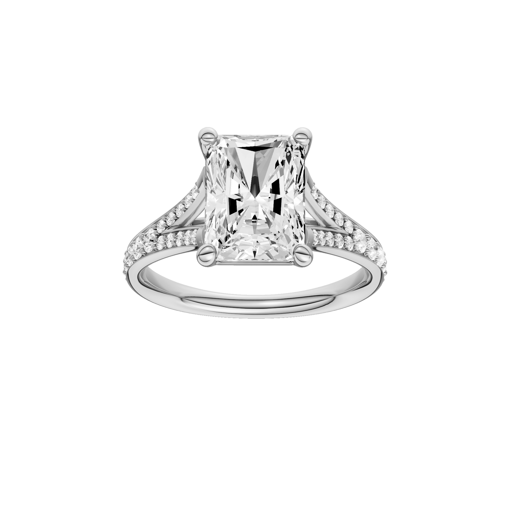 Radiant-cut diamond engagement ring with a channel-set diamond band and solitaire setting.