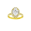 Oval-cut diamond engagement ring with a channel-set diamond band and halo setting.