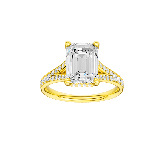 Emerald-cut diamond engagement ring with a channel-set diamond band and hidden-halo setting.