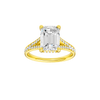 Emerald-cut diamond engagement ring with a channel-set diamond band and hidden-halo setting.