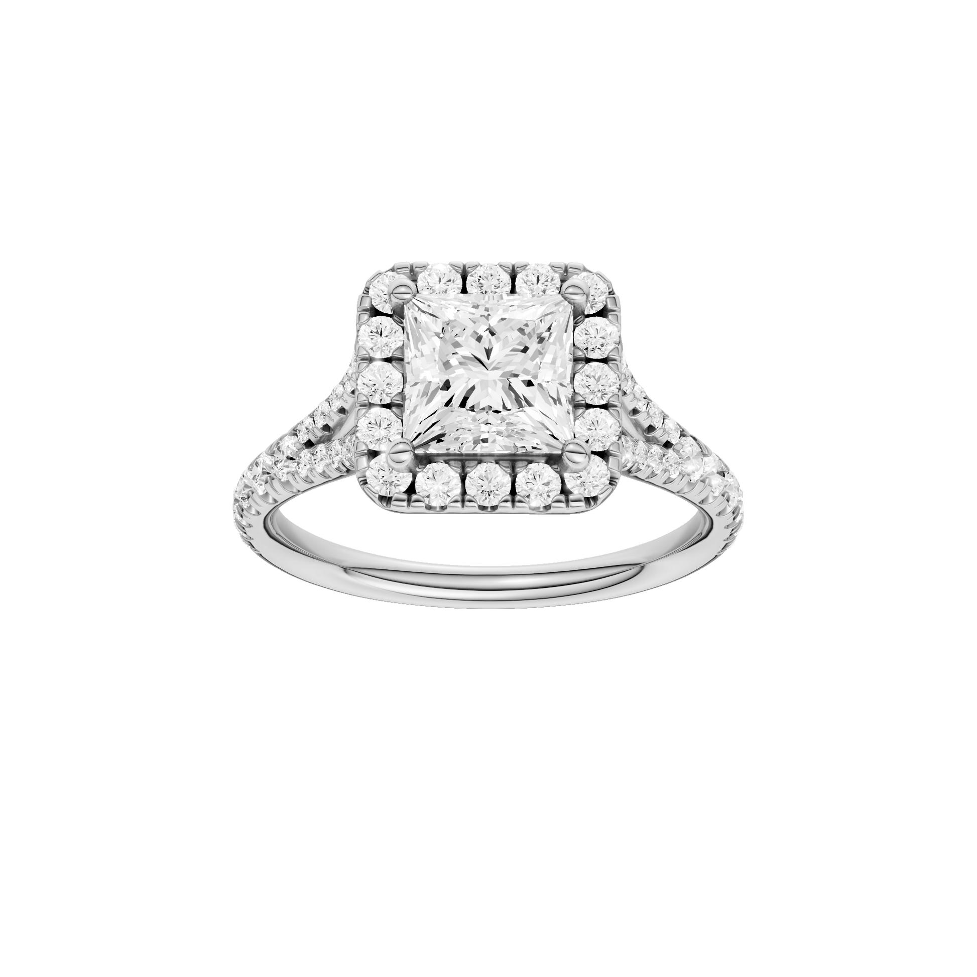 Princess-cut diamond engagement ring with a prong-set diamond band and halo setting.