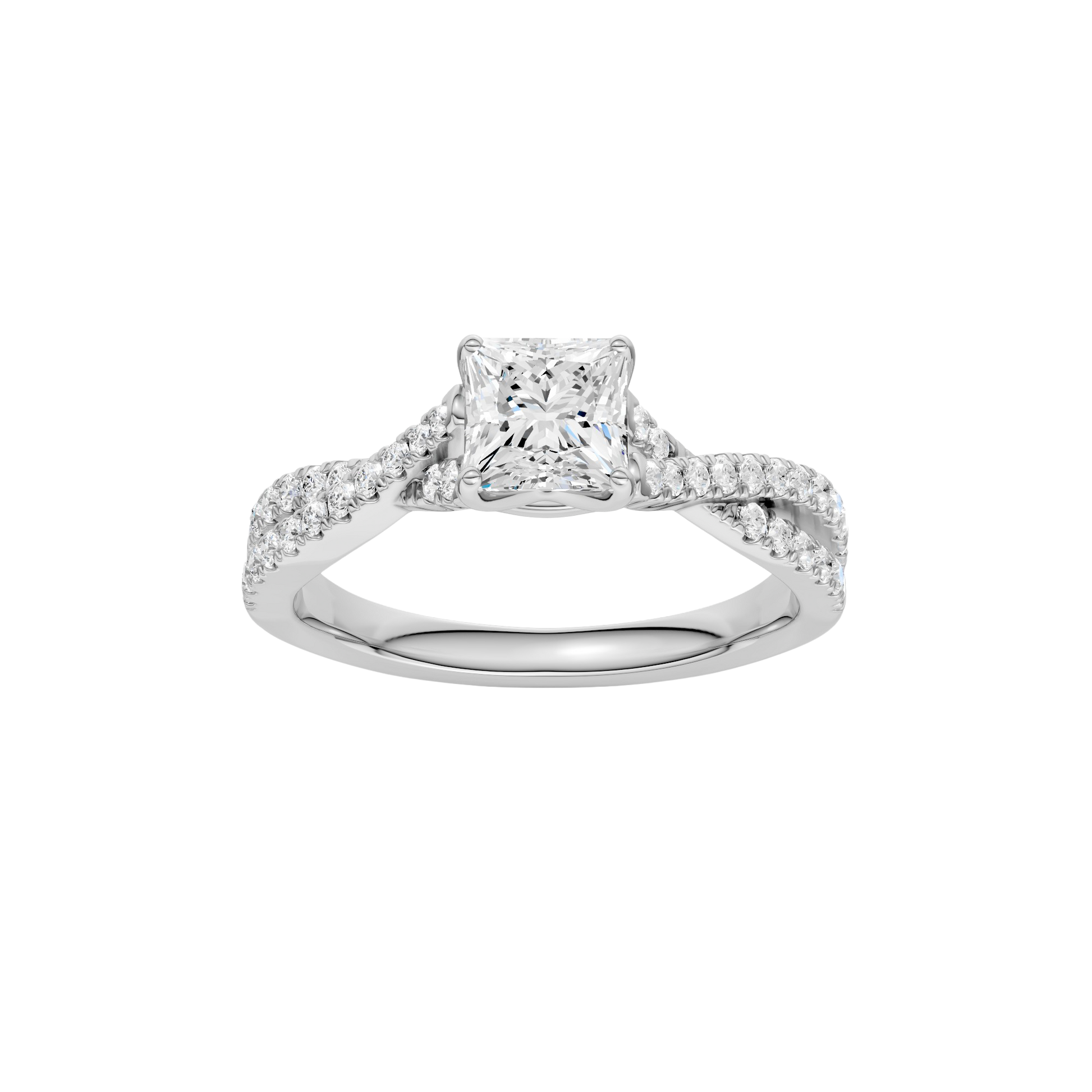 Princess-cut diamond engagement ring in 14k white gold with a prong-set diamond band and twist setting
