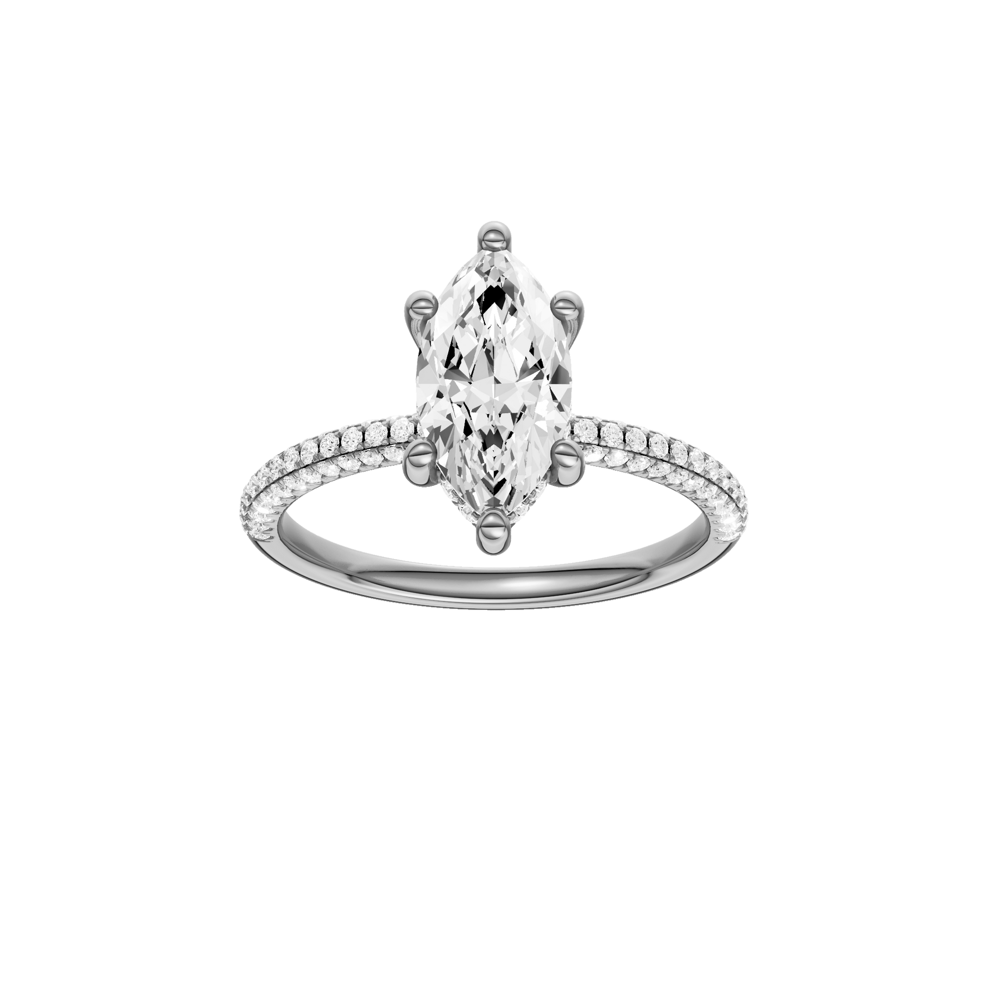 Marquise-cut diamond engagement ring with a pavé-set diamond band and hidden-halo setting.
