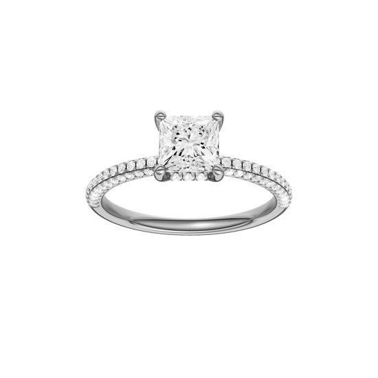 Princess-cut diamond engagement ring with a pavé-set diamond band and hidden-halo setting.