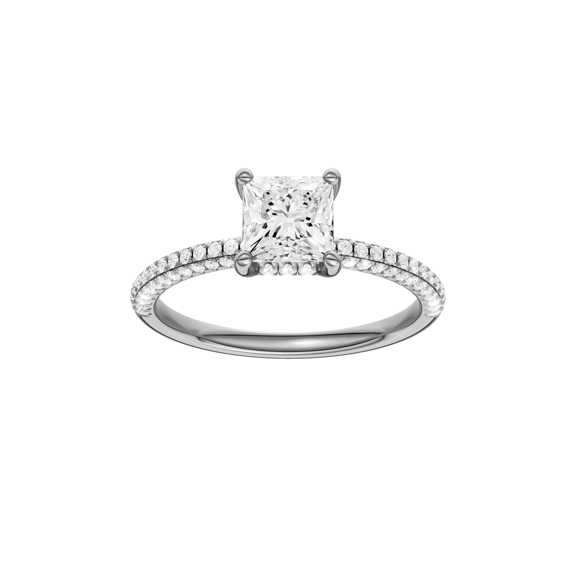 Princess-cut diamond engagement ring with a pavé-set diamond band and hidden-halo setting.
