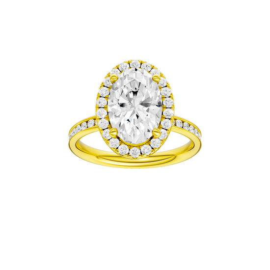 Oval-cut diamond engagement ring with a channel-set diamond band and halo setting.