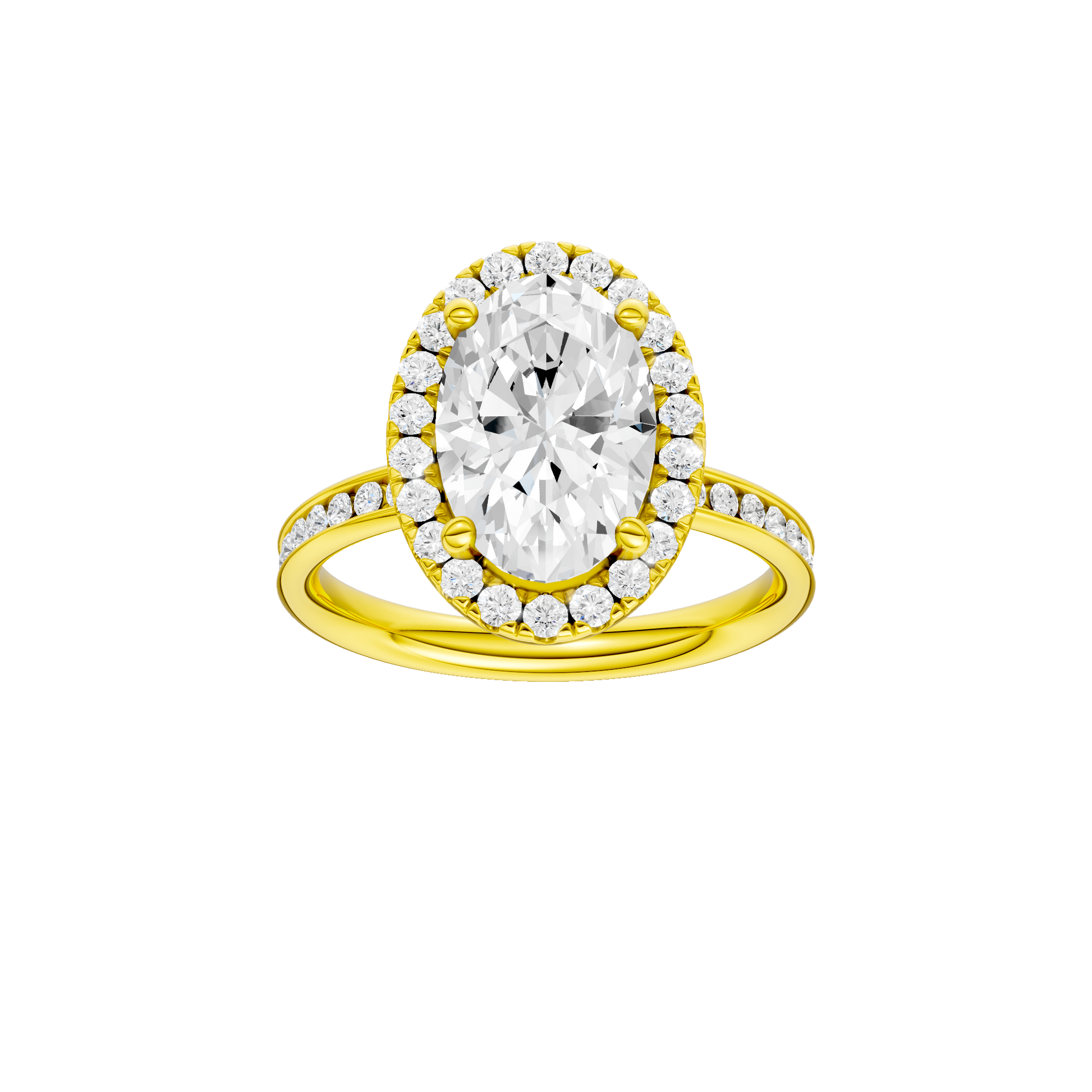 Oval-cut diamond engagement ring with a channel-set diamond band and halo setting.