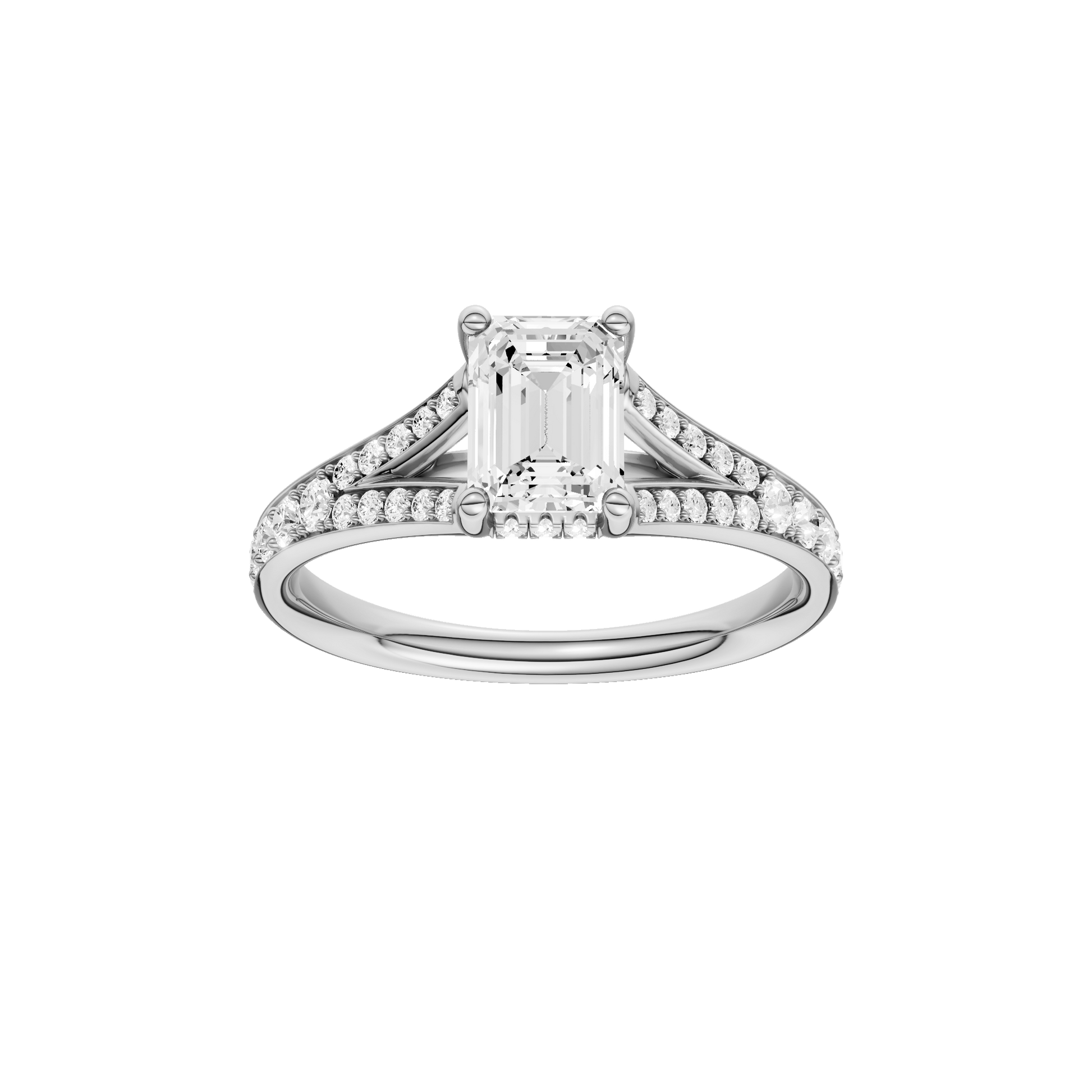 Emerald-cut diamond engagement ring with a channel-set diamond band and hidden-halo setting.