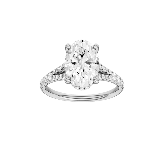 Oval-cut diamond engagement ring with a prong-set diamond band and hidden-halo setting.