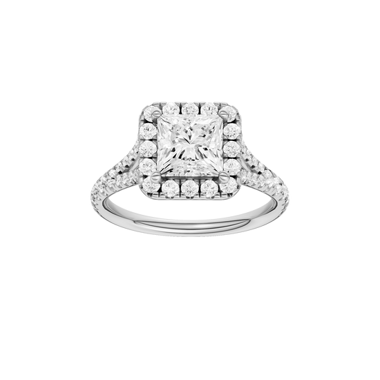 Princess-cut diamond engagement ring with a prong-set diamond band and halo setting.