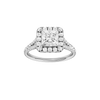Princess-cut diamond engagement ring with a prong-set diamond band and halo setting.