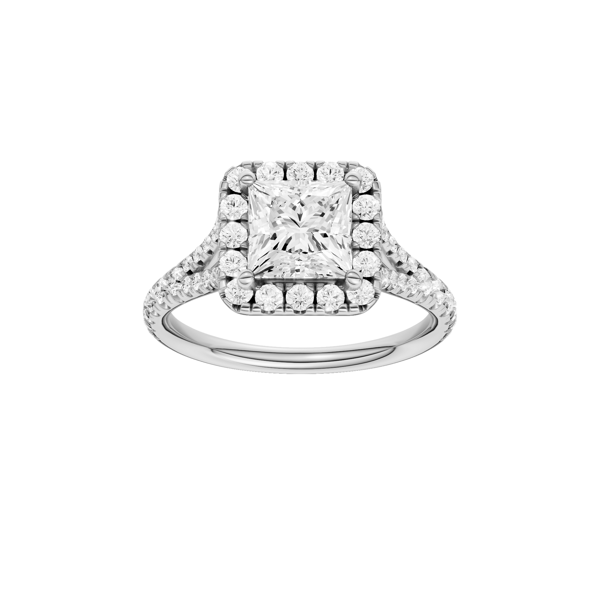 Princess-cut diamond engagement ring with a prong-set diamond band and halo setting.