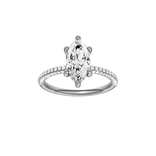 Marquise-cut diamond engagement ring with a pavé-set diamond band and hidden-halo setting.