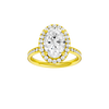 Oval-cut diamond engagement ring with a channel-set diamond band and halo setting.