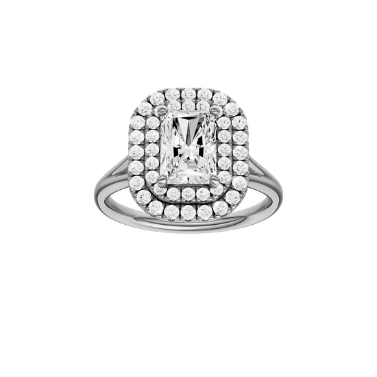 Radiant-cut diamond engagement ring with a plain band and double-halo setting.