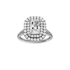 Radiant-cut diamond engagement ring with a plain band and double-halo setting.