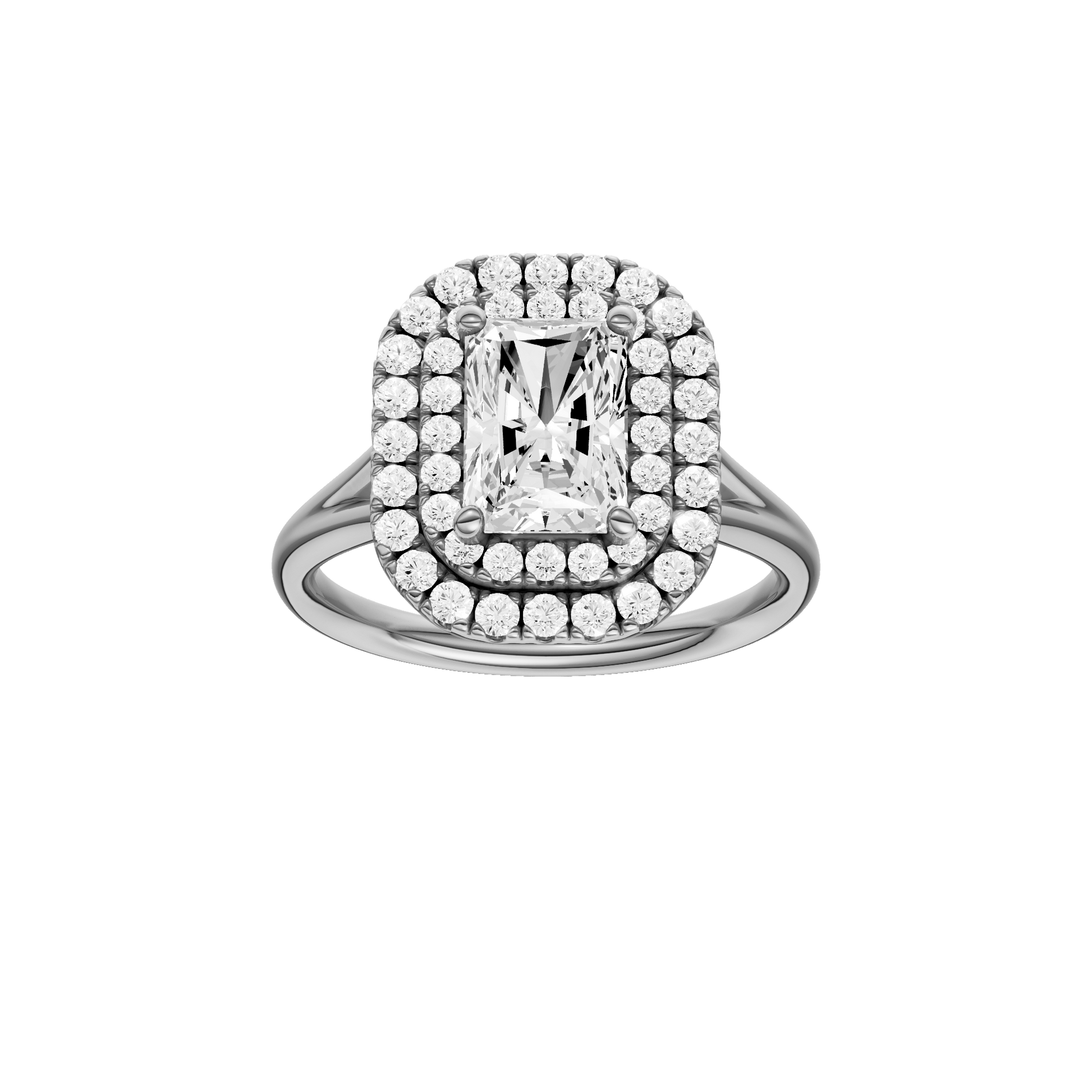 Radiant-cut diamond engagement ring with a plain band and double-halo setting.