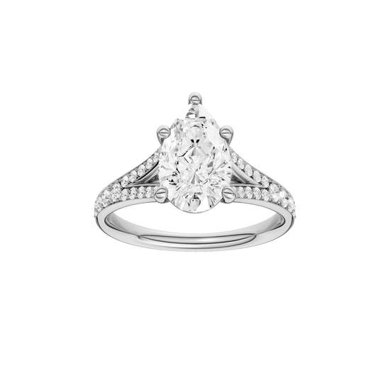 Pear-cut diamond engagement ring with a channel-set diamond band and solitaire setting.
