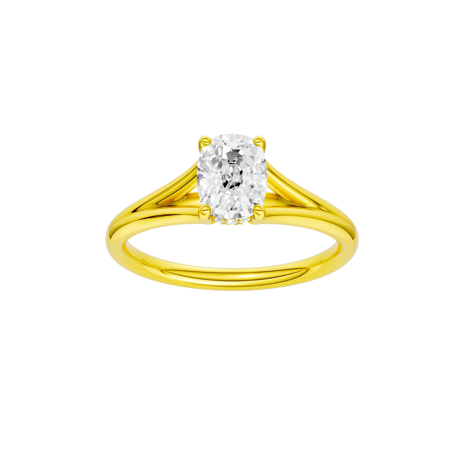 Elongated cushion-cut diamond engagement ring with a plain band and hidden-halo setting.