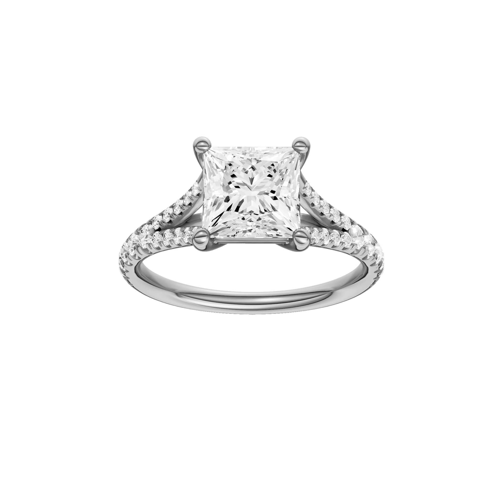 Emerald-cut diamond engagement ring with a prong-set diamond band and solitaire setting.