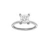 Princess-cut diamond engagement ring with a pavé-set diamond band and hidden-halo setting.