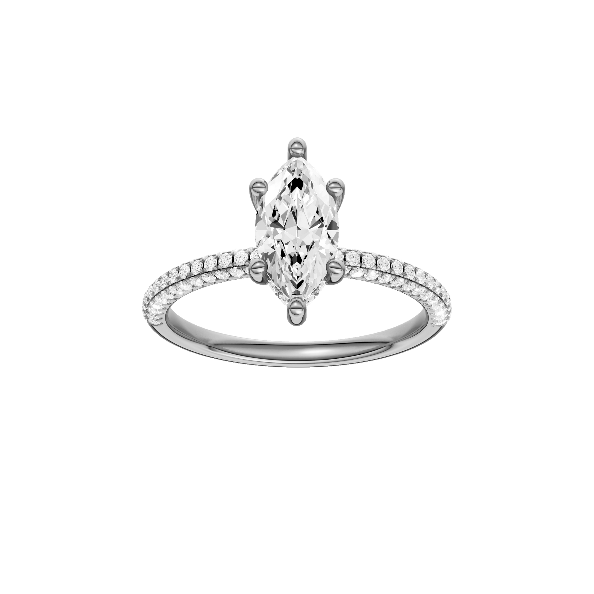 Marquise-cut diamond engagement ring with a pavé-set diamond band and hidden-halo setting.