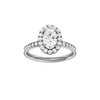 Oval-cut diamond engagement ring with a channel-set diamond band and halo setting.