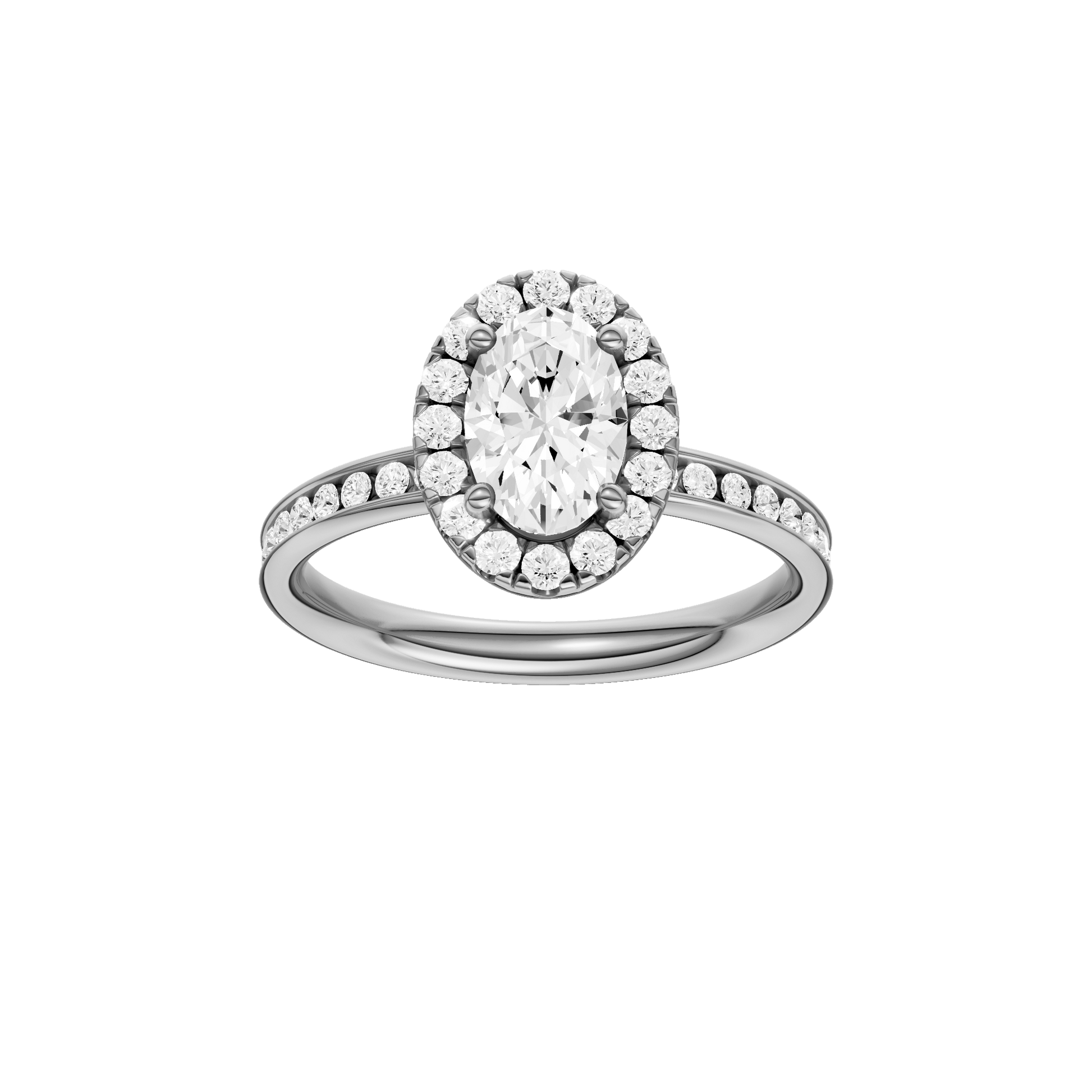 Oval-cut diamond engagement ring with a channel-set diamond band and halo setting.