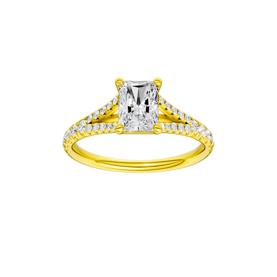 Radiant-cut diamond engagement ring with a prong-set diamond band and solitaire setting.