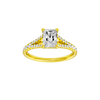 Radiant-cut diamond engagement ring with a prong-set diamond band and solitaire setting.