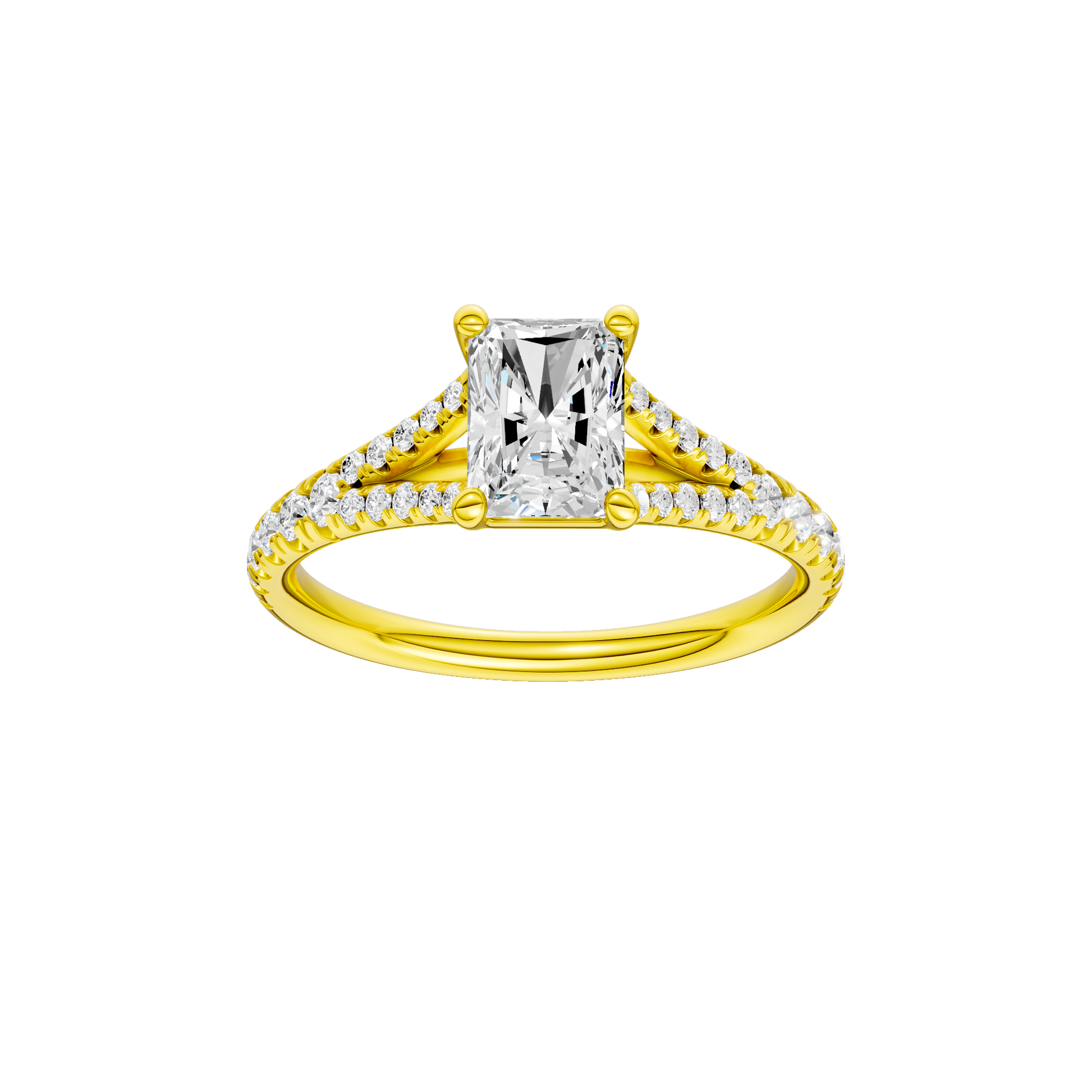 Radiant-cut diamond engagement ring with a prong-set diamond band and solitaire setting.