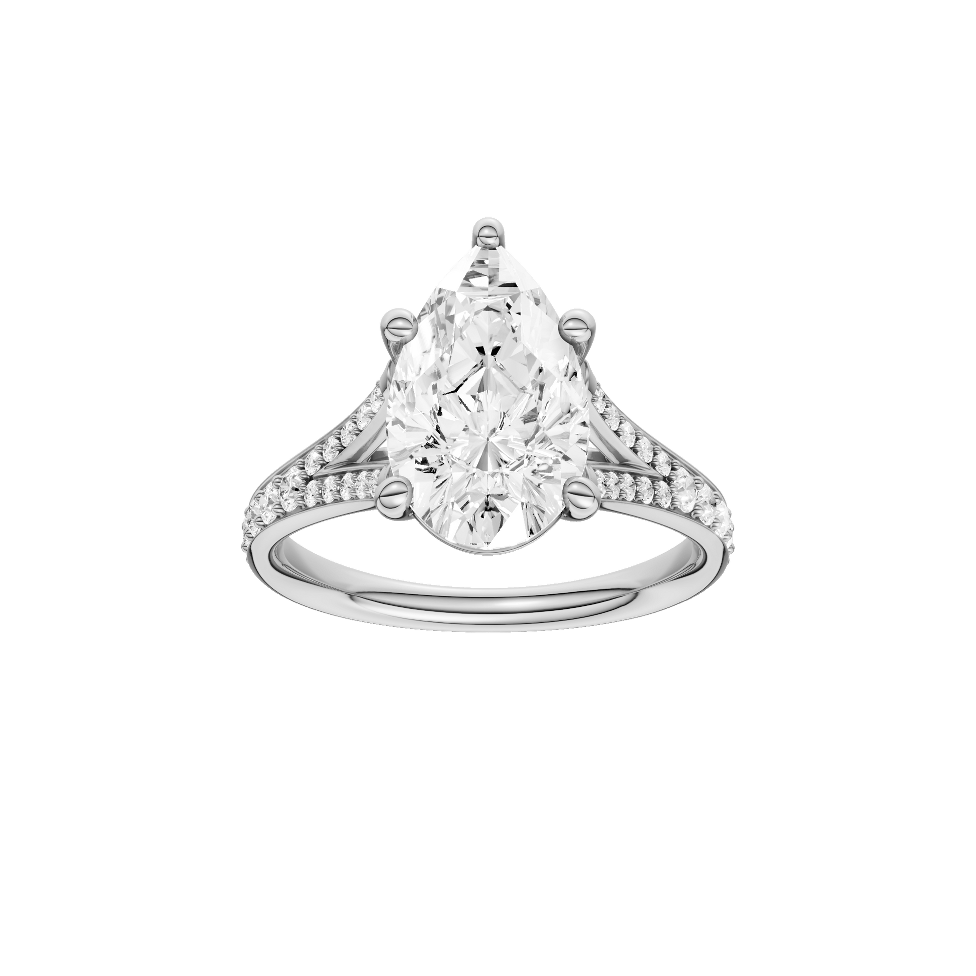 Pear-cut diamond engagement ring with a channel-set diamond band and solitaire setting.