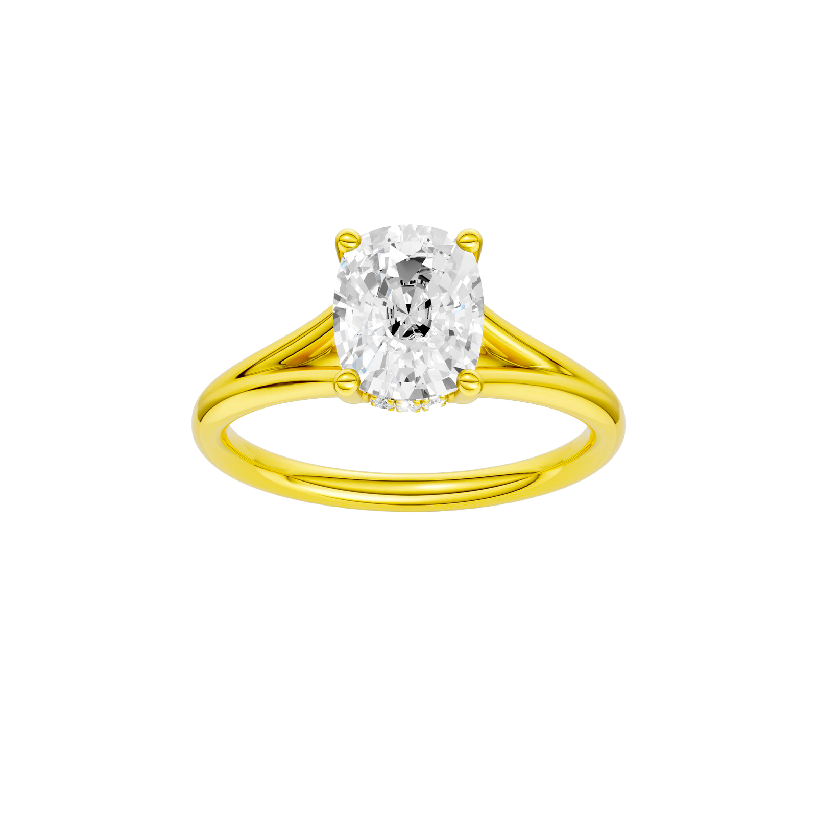 Elongated cushion-cut diamond engagement ring with a plain band and hidden-halo setting.