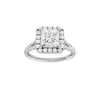 Princess-cut diamond engagement ring with a prong-set diamond band and halo setting.