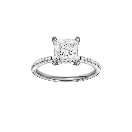 Princess-cut diamond engagement ring with a pavé-set diamond band and hidden-halo setting.