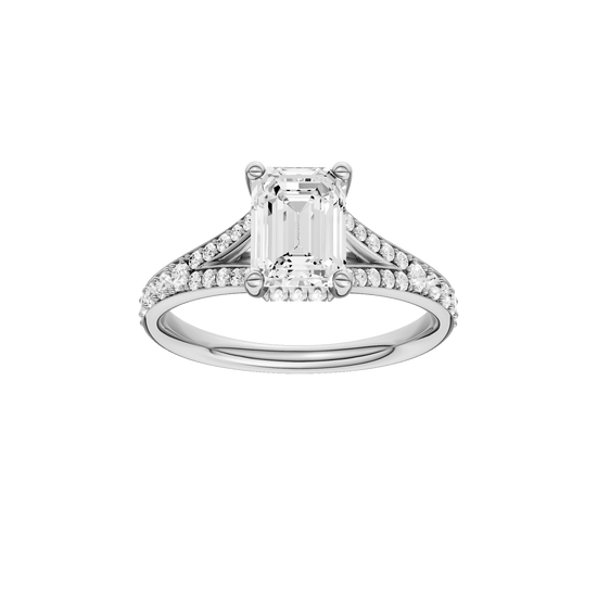 Emerald-cut diamond engagement ring with a channel-set diamond band and hidden-halo setting.