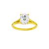 Elongated cushion-cut diamond engagement ring with a plain band and hidden-halo setting.