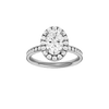 Oval-cut diamond engagement ring with a channel-set diamond band and halo setting.