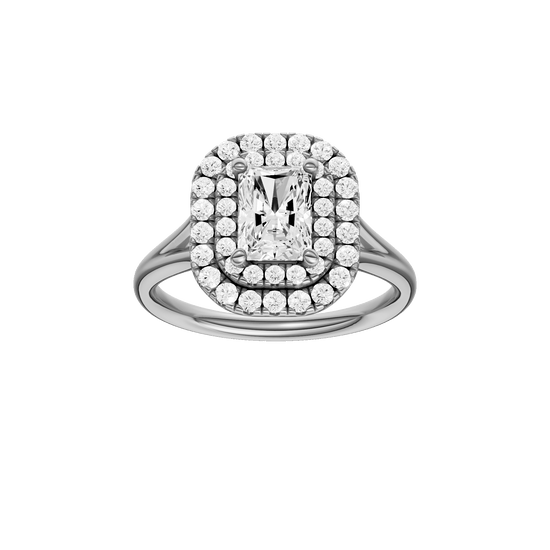 Radiant-cut diamond engagement ring with a plain band and double-halo setting.