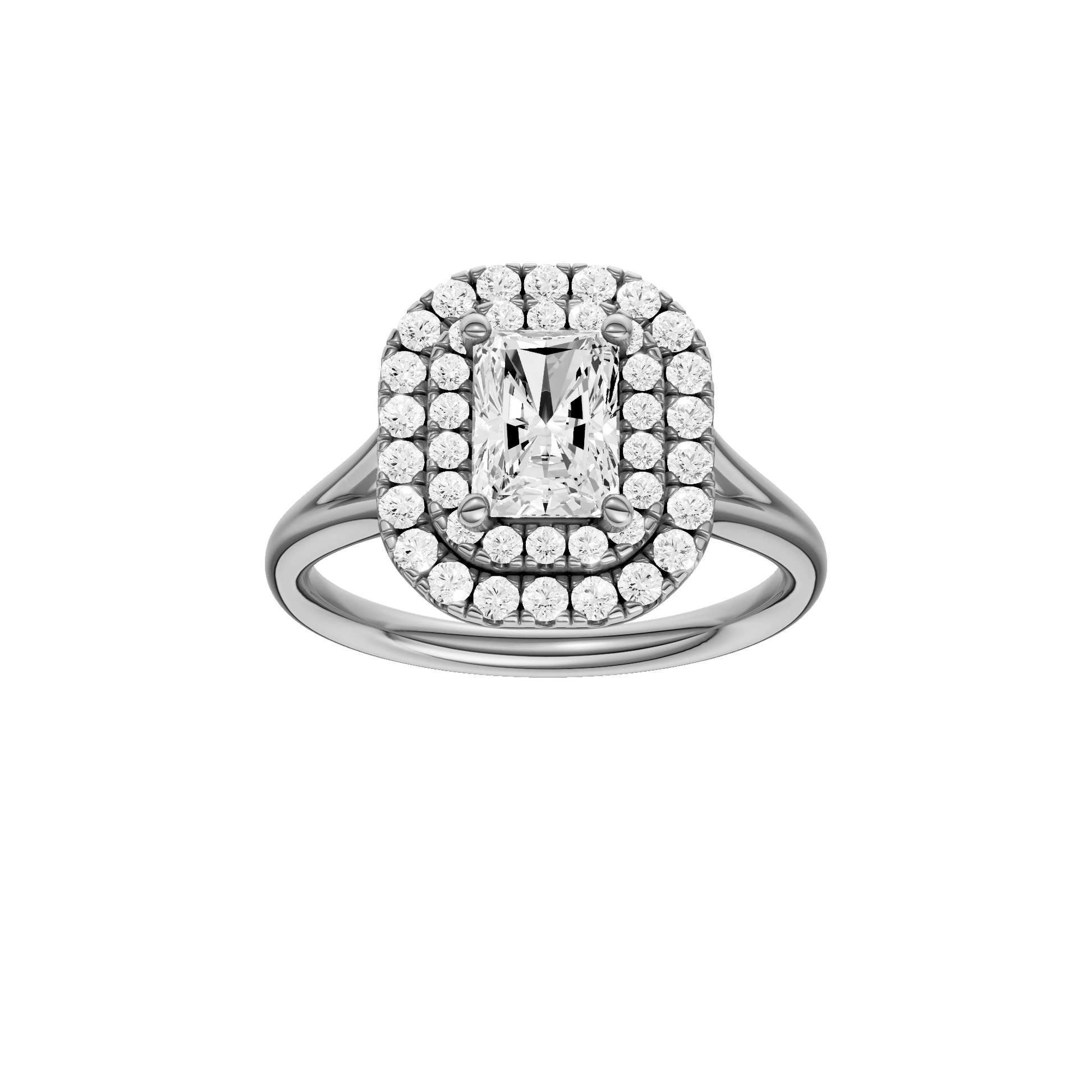 Radiant-cut diamond engagement ring with a plain band and double-halo setting.