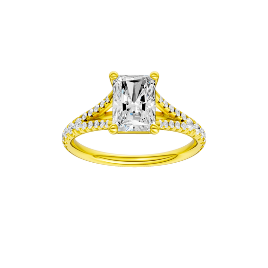 Radiant-cut diamond engagement ring with a prong-set diamond band and solitaire setting.