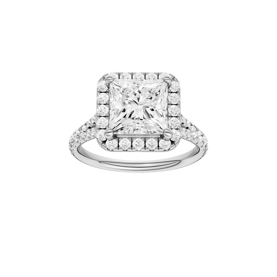 Princess-cut diamond engagement ring with a prong-set diamond band and halo setting.