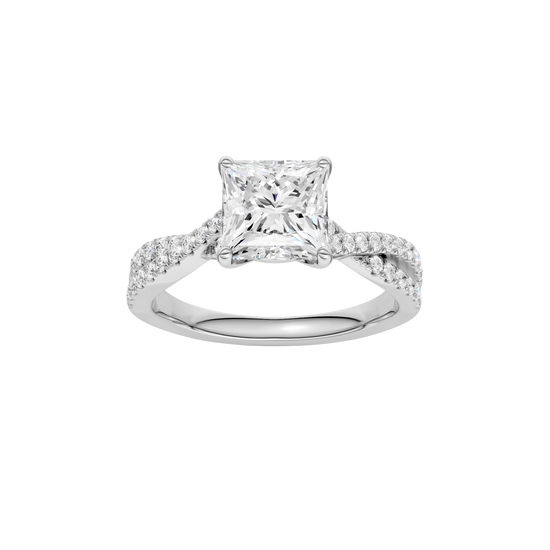 Princess-cut diamond engagement ring in 14k white gold with a prong-set diamond band and twist setting